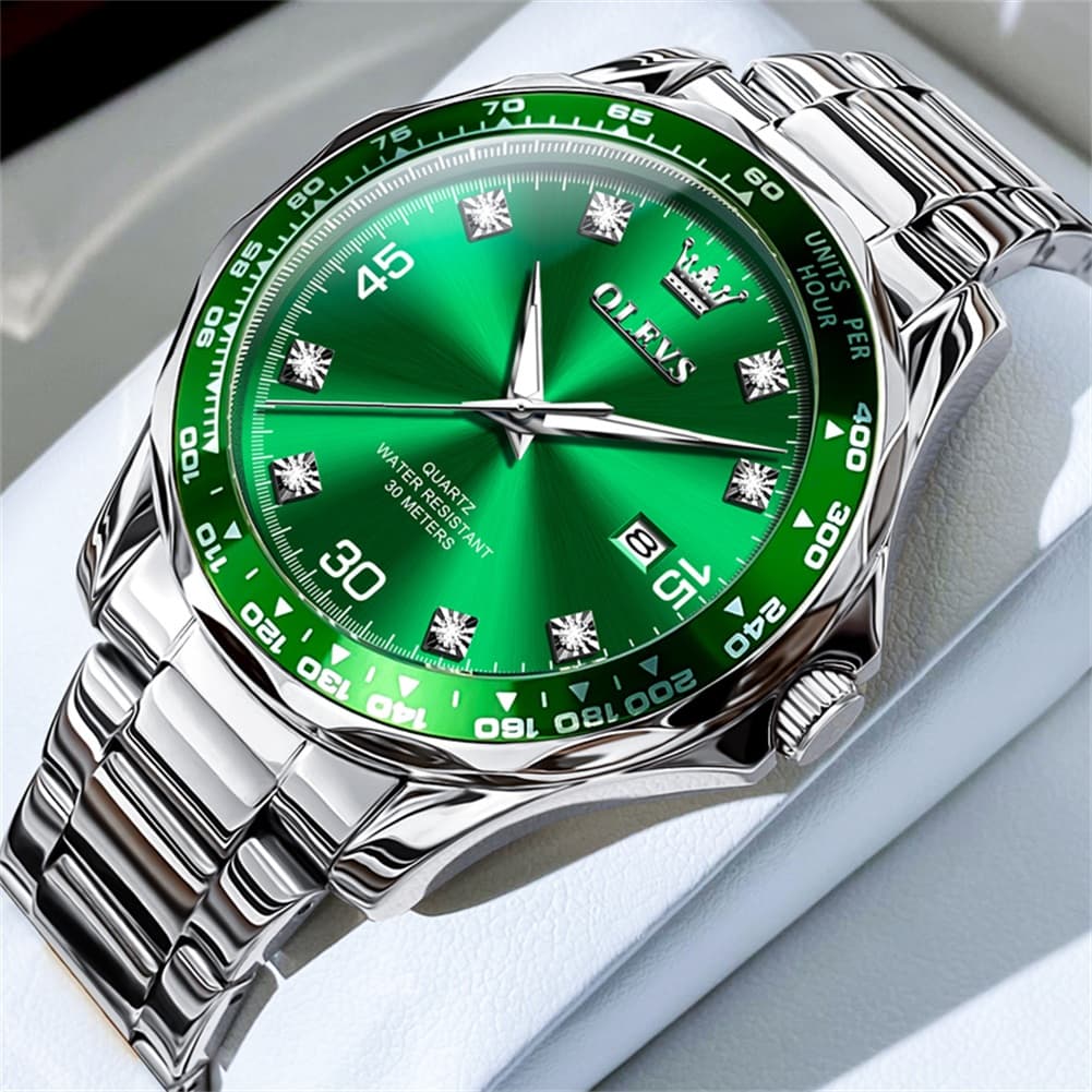 OLEVS 9988 Luxury Green Dial Quartz Dress Watch for Men - Silver Green Steel Watch | Olevs Watch Store