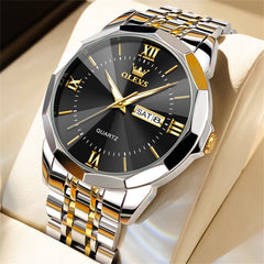 OLEVS 9989 Diamond Cut Glass Couple Dress Watch for Men and Women - Men Gold Black Watch | Olevs Watch Store