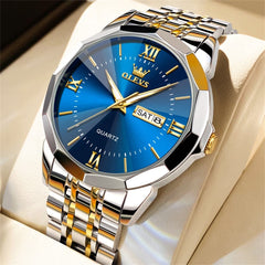 OLEVS 9989 Diamond Cut Glass Couple Dress Watch for Men and Women - Men Gold Blue Watch | Olevs Watch Store