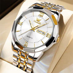OLEVS 9989 Diamond Cut Glass Couple Dress Watch for Men and Women - Men Gold White Watch | Olevs Watch Store