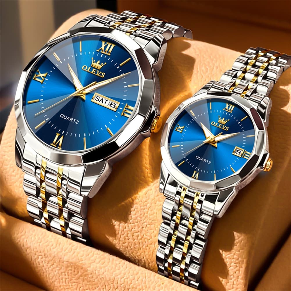 OLEVS 9989 Diamond Cut Glass Couple Dress Watch for Men and Women - Women All Gold Watch | Olevs Watch Store