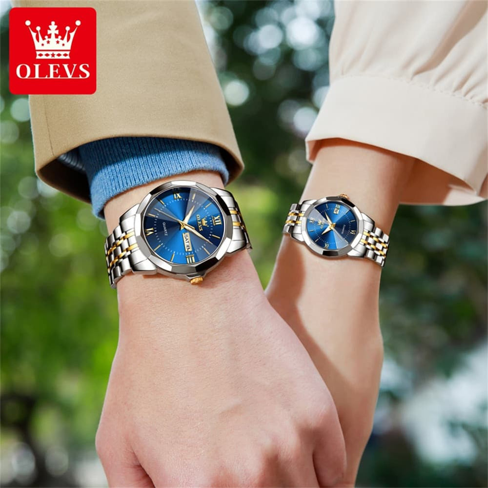 OLEVS 9989 Diamond Cut Glass Couple Dress Watch for Men and Women - Women All Gold Watch | Olevs Watch Store
