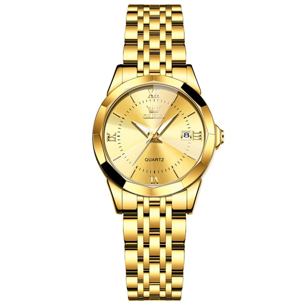 OLEVS 9989 Diamond Cut Glass Couple Dress Watch for Men and Women - Women All Gold Watch | Olevs Watch Store