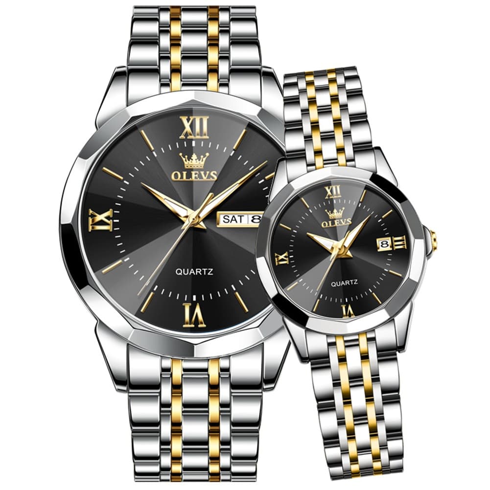 OLEVS 9989 Diamond Cut Glass Couple Dress Watch for Men and Women - Women All Gold Watch | Olevs Watch Store