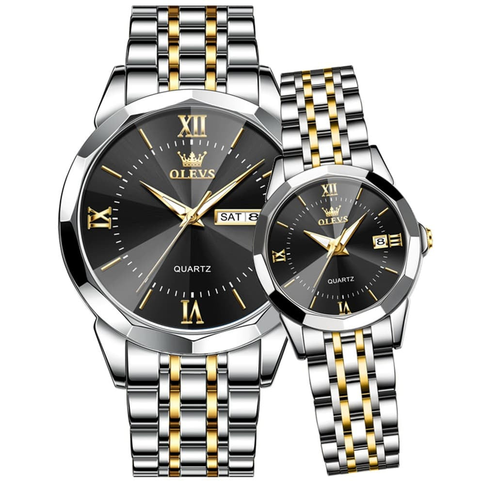 OLEVS 9989 Diamond Cut Glass Couple Dress Watch for Men and Women - Women All Gold Watch | Olevs Watch Store
