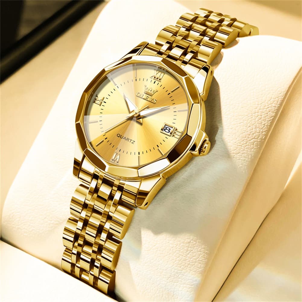 OLEVS 9989 Diamond Cut Glass Couple Dress Watch for Men and Women - Women All Gold Watch | Olevs Watch Store