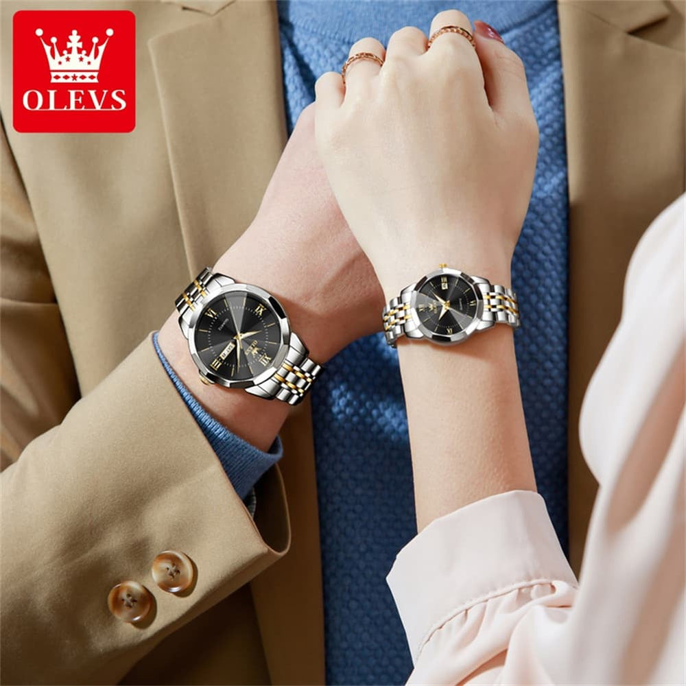 OLEVS 9989 Diamond Cut Glass Couple Dress Watch for Men and Women - Women All Gold Watch | Olevs Watch Store