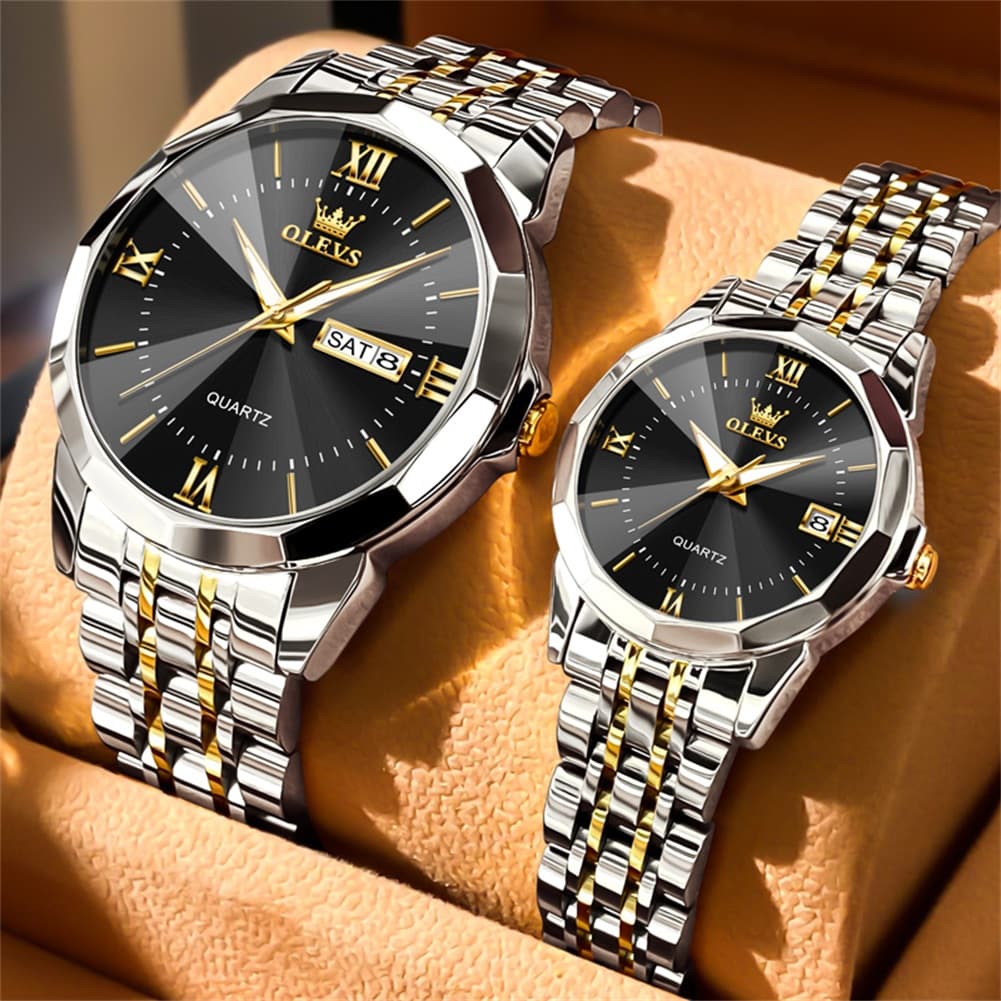 OLEVS 9989 Diamond Cut Glass Couple Dress Watch for Men and Women - Women All Gold Watch | Olevs Watch Store