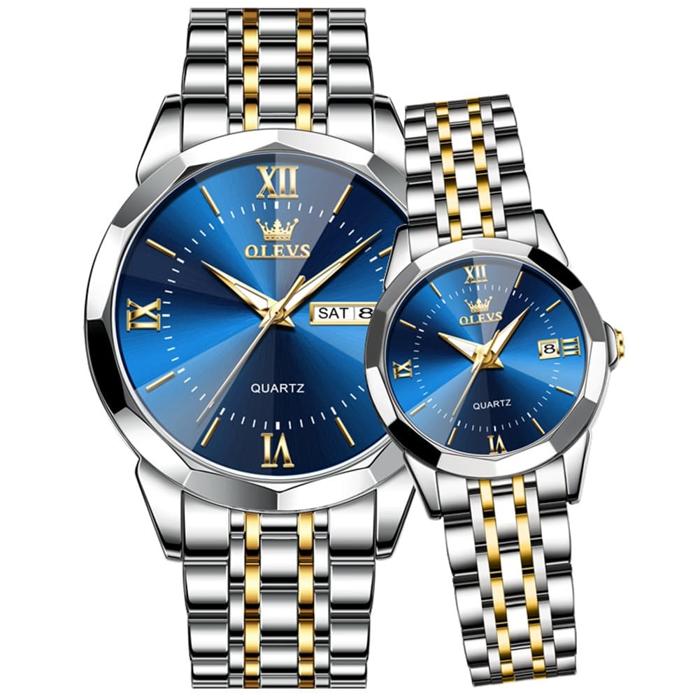 OLEVS 9989 Diamond Cut Glass Couple Dress Watch for Men and Women - Women All Gold Watch | Olevs Watch Store