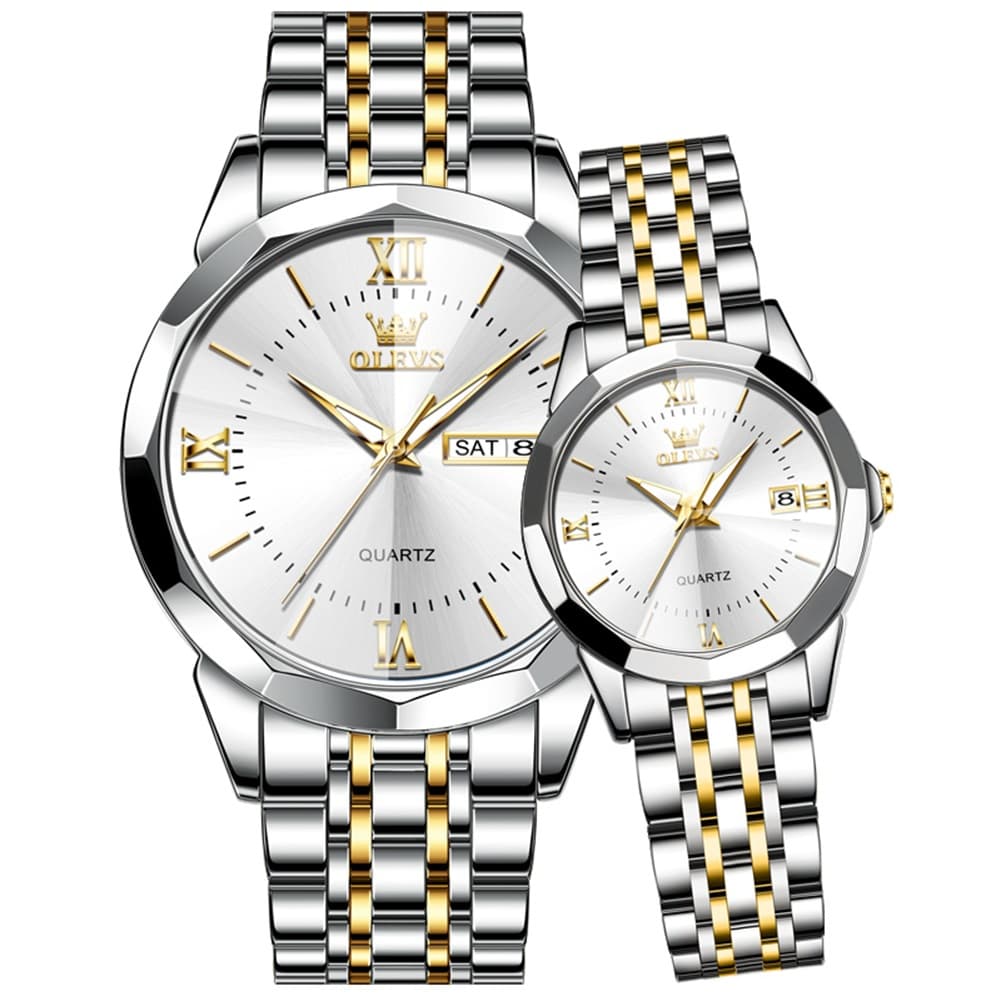OLEVS 9989 Diamond Cut Glass Couple Dress Watch for Men and Women - Women All Gold Watch | Olevs Watch Store