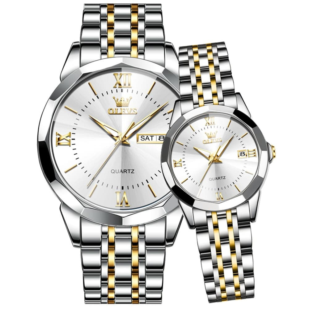 OLEVS 9989 Diamond Cut Glass Couple Dress Watch for Men and Women - Women All Gold Watch | Olevs Watch Store