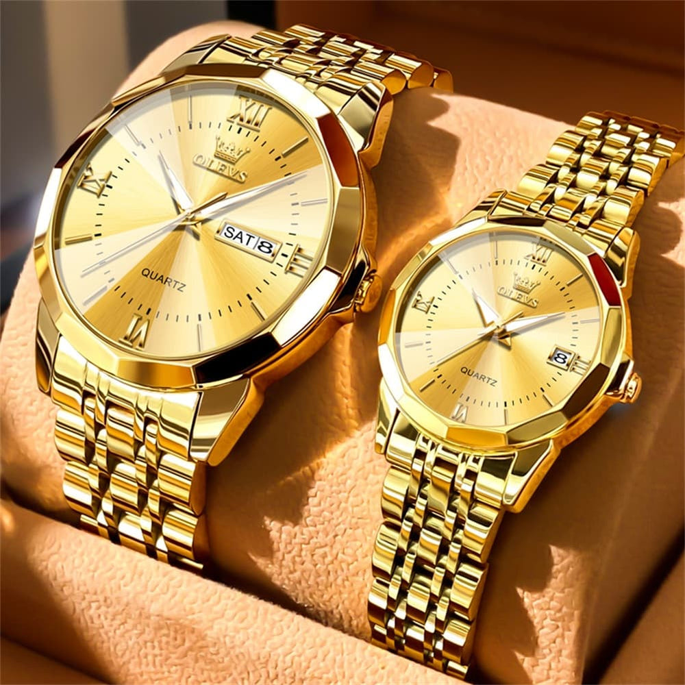 OLEVS 9989 Diamond Cut Glass Couple Dress Watch for Men and Women - Women All Gold Watch | Olevs Watch Store