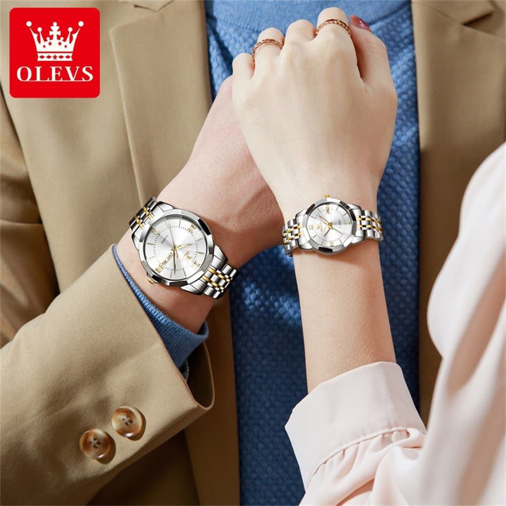 OLEVS 9989 Diamond Cut Glass Couple Dress Watch for Men and Women - Women All Gold Watch | Olevs Watch Store