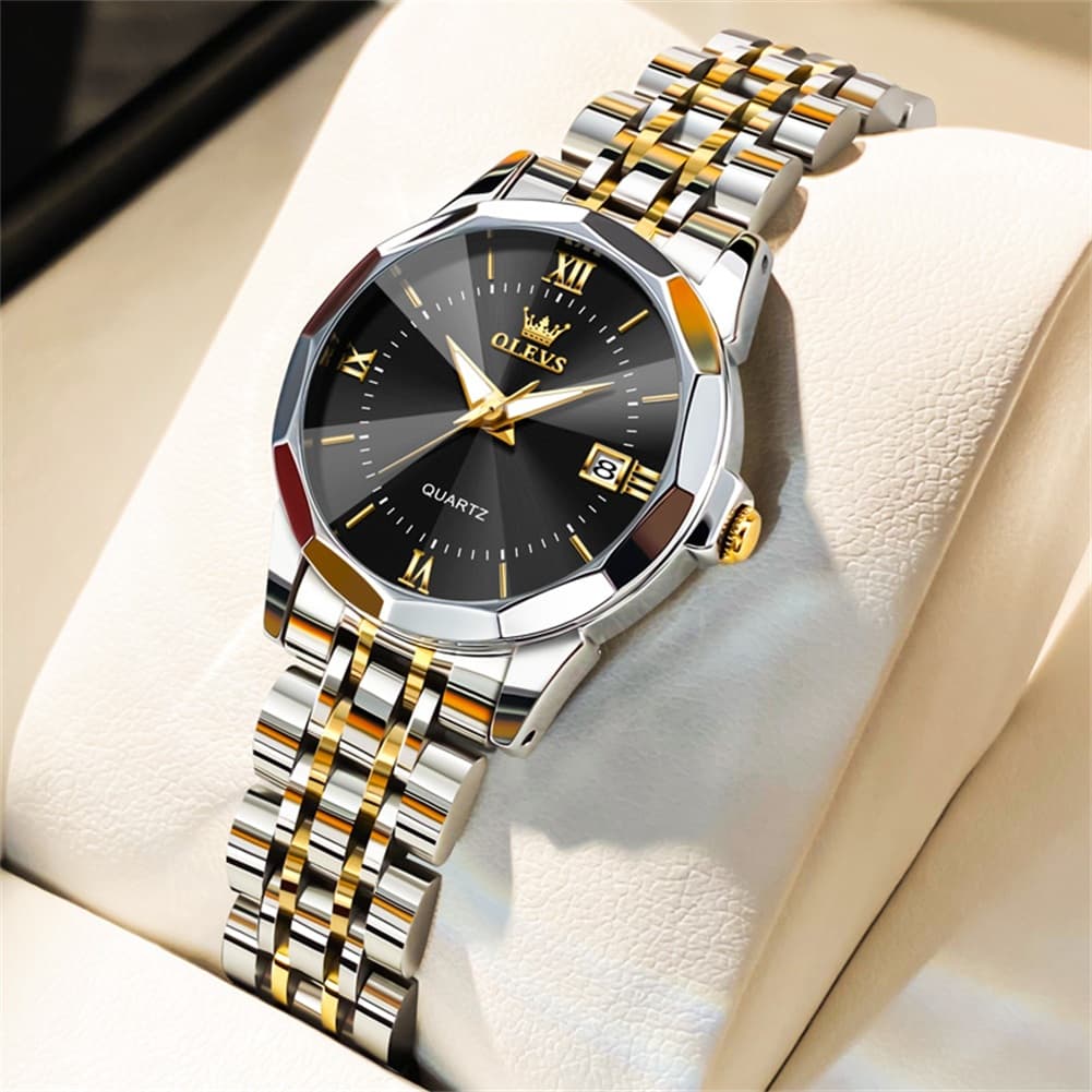 OLEVS 9989 Diamond Cut Glass Couple Dress Watch for Men and Women - Women Gold Black Watch | Olevs Watch Store