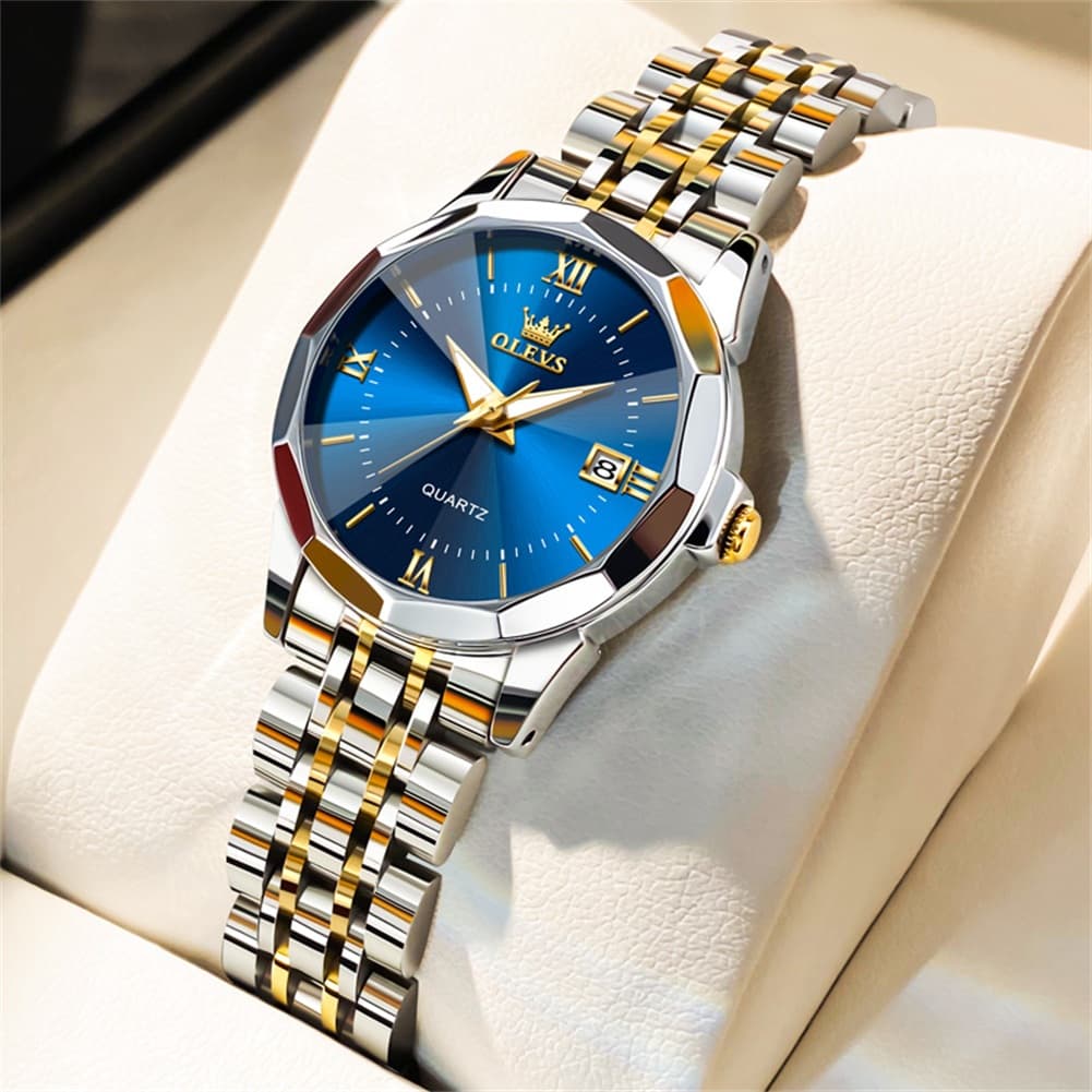 OLEVS 9989 Diamond Cut Glass Couple Dress Watch for Men and Women - Women Gold Blue Watch | Olevs Watch Store