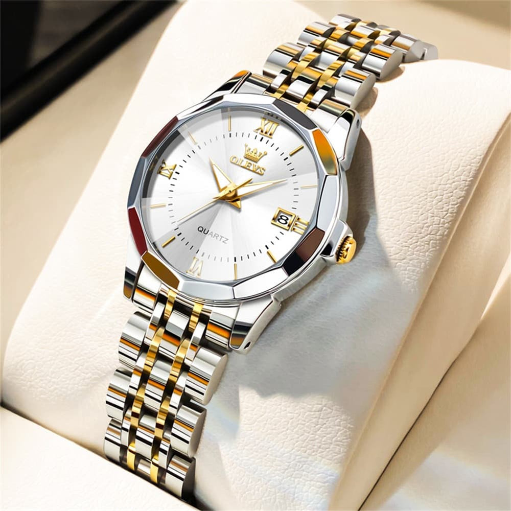 OLEVS 9989 Diamond Cut Glass Couple Dress Watch for Men and Women - Women Gold White Watch | Olevs Watch Store