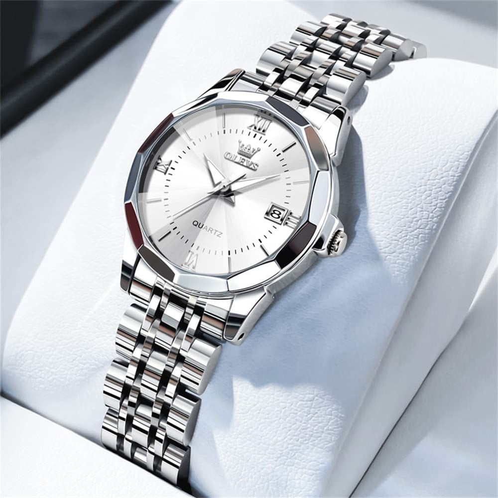 OLEVS 9989 Diamond Cut Glass Couple Dress Watch for Men and Women - Women Silver White Watch | Olevs Watch Store