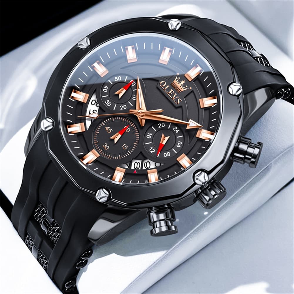 OLEVS 9991 Bold Chronograph Racing Silicone Watch for Men - All Black Watch | Olevs Watch Store