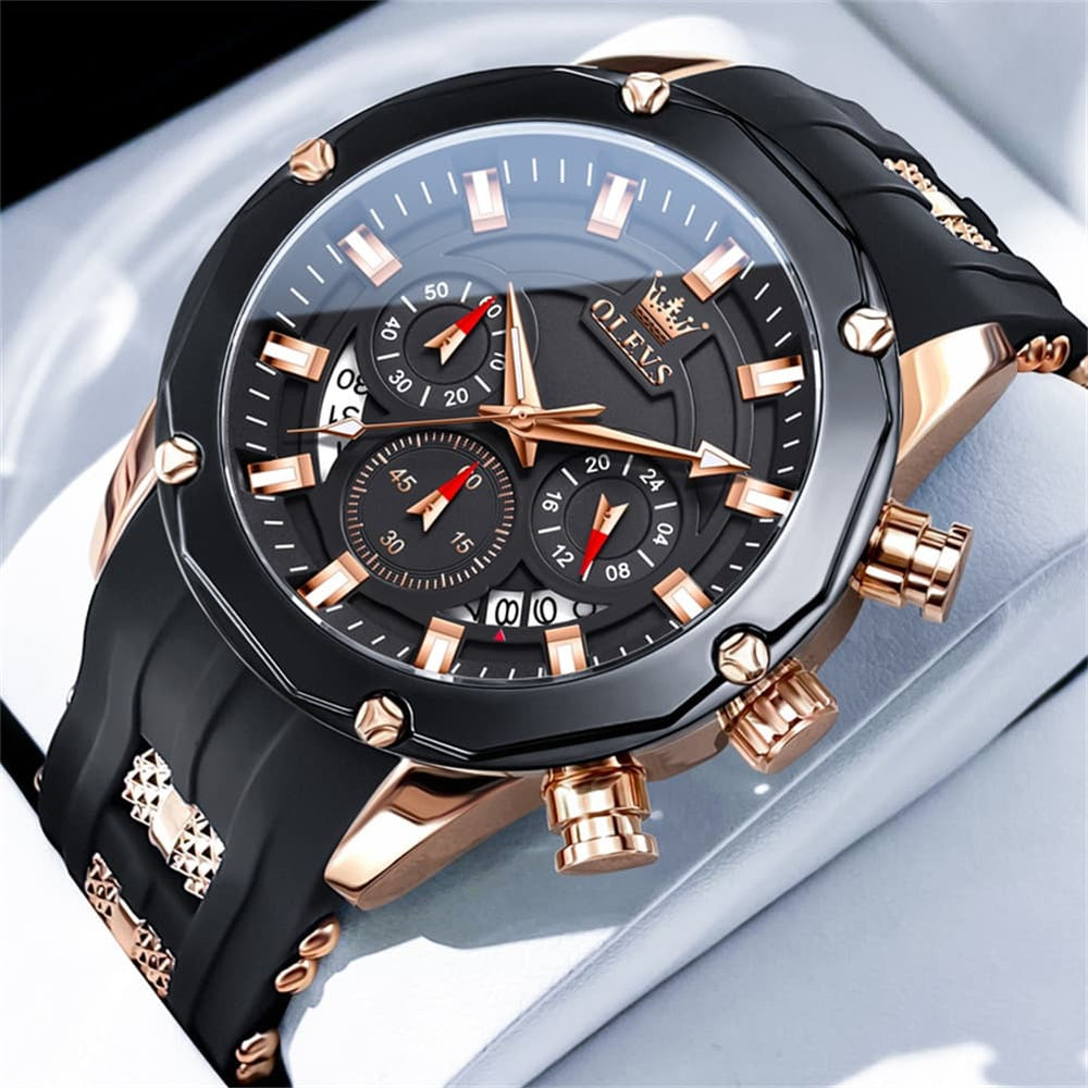 OLEVS 9991 Bold Chronograph Racing Silicone Watch for Men - Rose Gold Black Watch | Olevs Watch Store