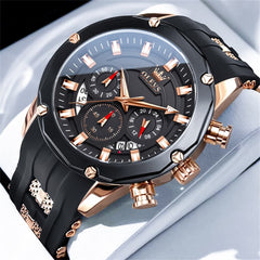 OLEVS 9991 Bold Chronograph Racing Silicone Watch for Men - Rose Gold Black Watch | Olevs Watch Store