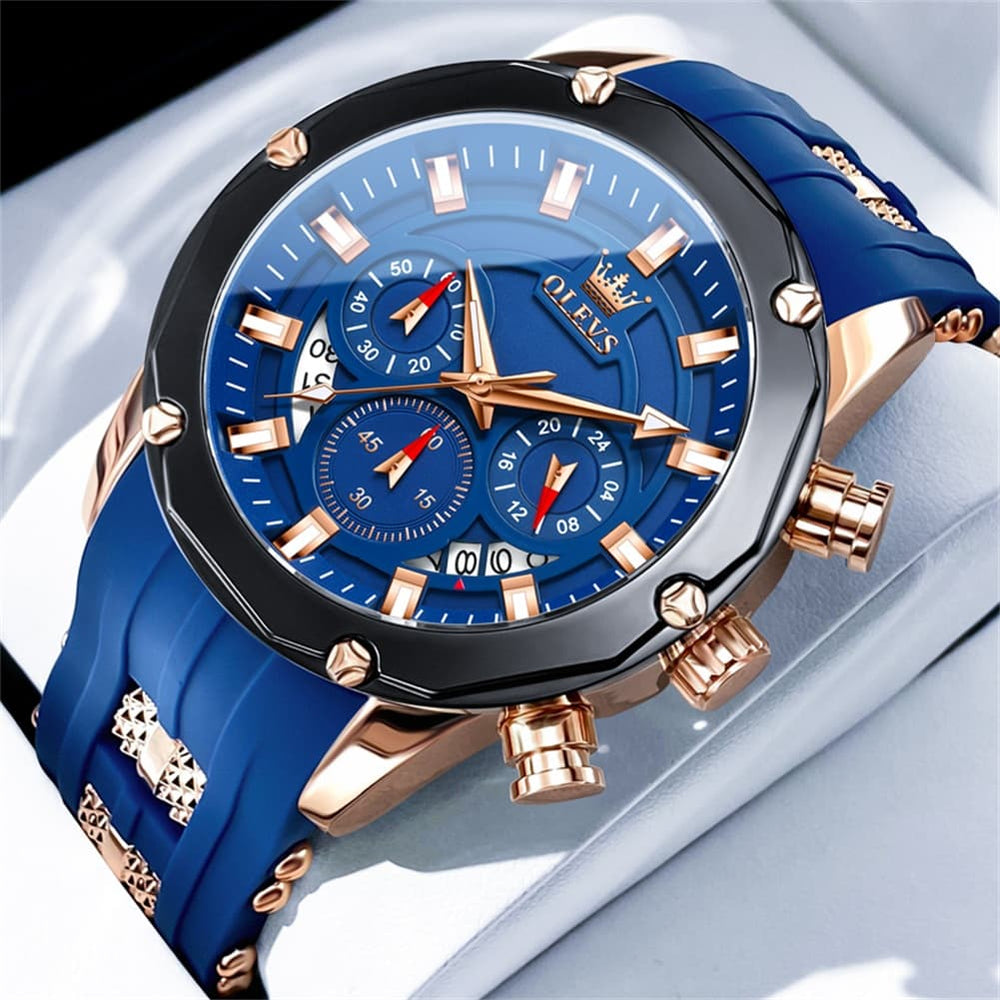 OLEVS 9991 Bold Chronograph Racing Silicone Watch for Men - Rose Gold Blue Watch | Olevs Watch Store