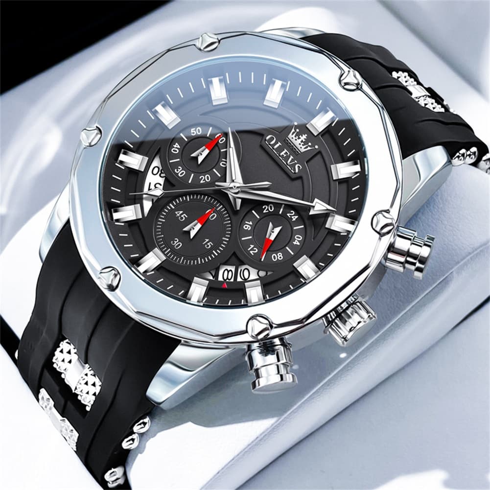 OLEVS 9991 Bold Chronograph Racing Silicone Watch for Men - Silver Black Watch | Olevs Watch Store