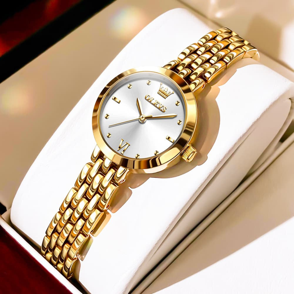 OLEVS 9992 Petite Minimalist Jewelry Bracelet Watch for Women - Yellow Gold White Watch | Olevs Watch Store
