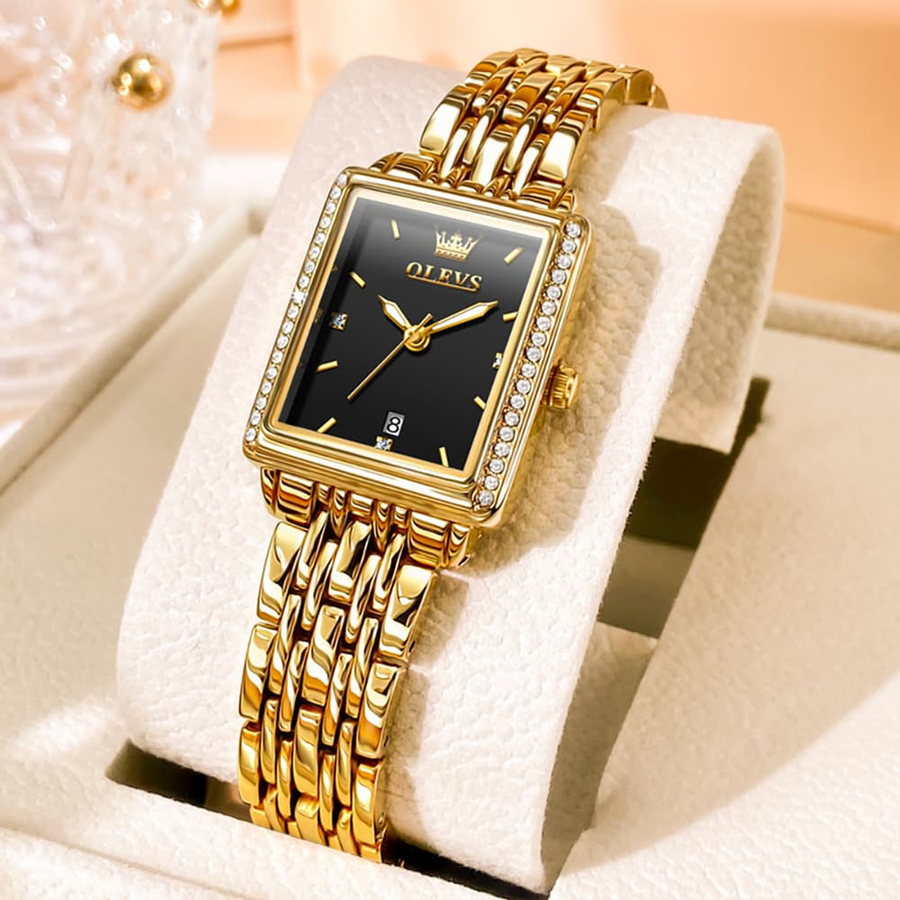 OLEVS 9995 Vintage Rectangular Gold Bracelet Watch for Women - Gold Black Watch | Olevs Watch Store