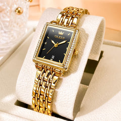 OLEVS 9995 Vintage Rectangular Gold Bracelet Watch for Women - Gold Black Watch | Olevs Watch Store