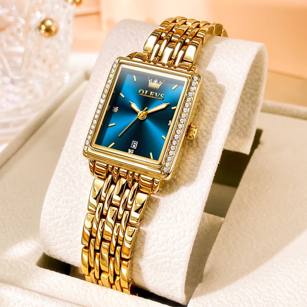 OLEVS 9995 Vintage Rectangular Gold Bracelet Watch for Women - Gold Blue Watch | Olevs Watch Store