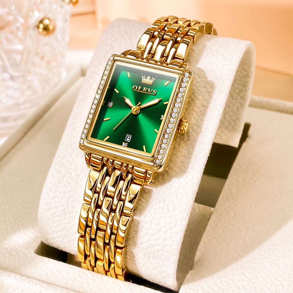 OLEVS 9995 Vintage Rectangular Gold Bracelet Watch for Women - Gold Green Watch | Olevs Watch Store