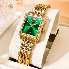 OLEVS 9995 Vintage Rectangular Gold Bracelet Watch for Women - Gold Green Watch | Olevs Watch Store
