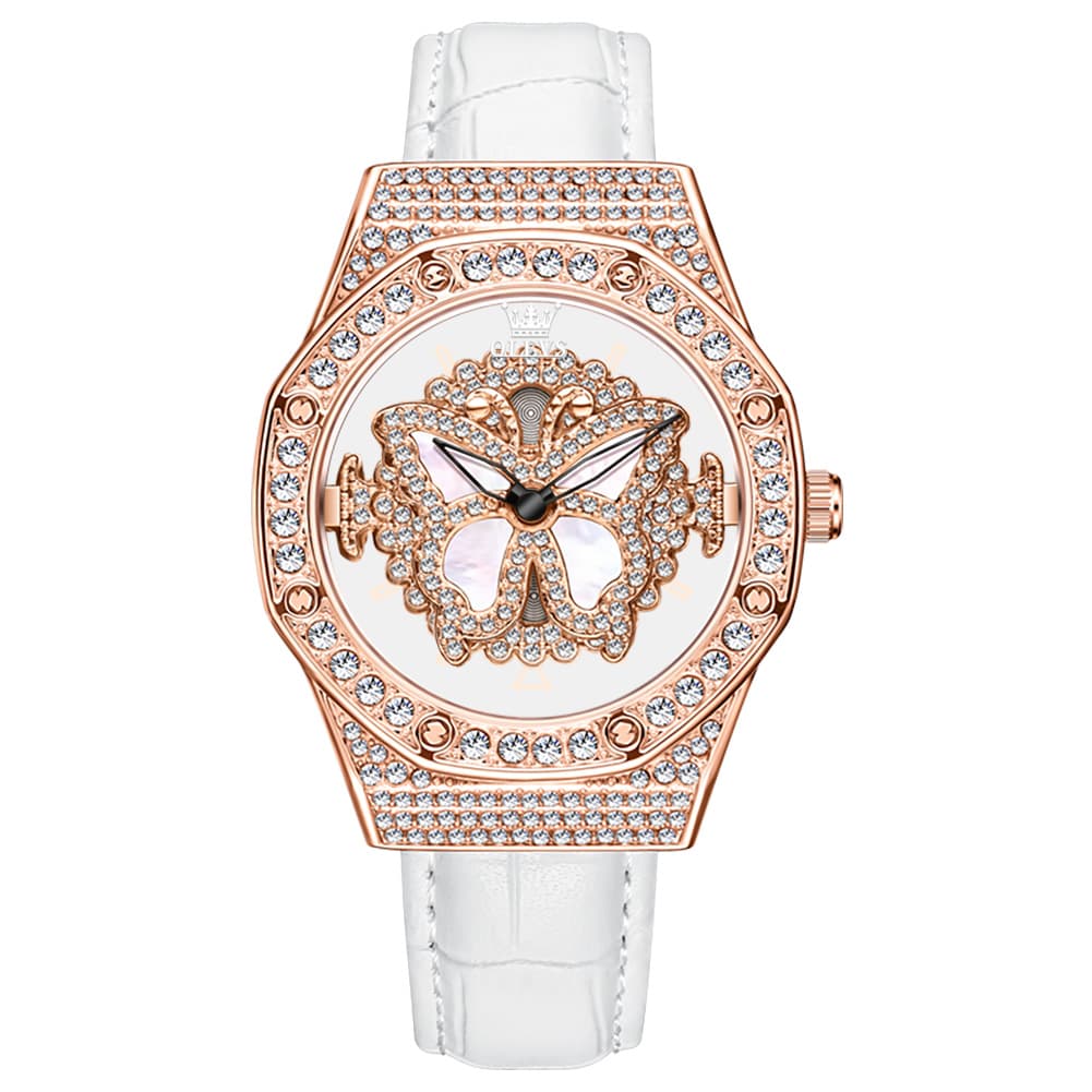 OLEVS 9996 Rotatable Diamond Bezel Leather Watch for Women - Rose Gold Butterfly Watch | Olevs Watch Store