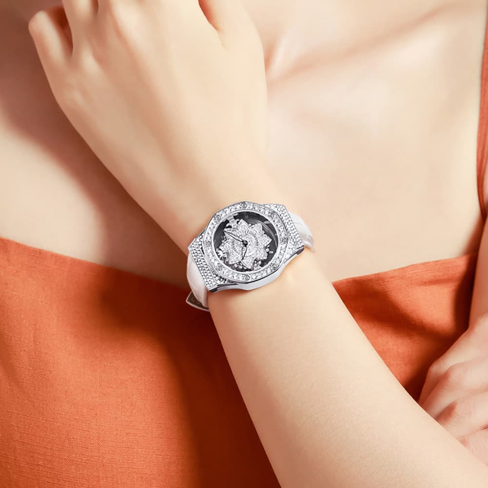 OLEVS 9996 Rotatable Diamond Bezel Leather Watch for Women - Rose Gold Butterfly Watch | Olevs Watch Store