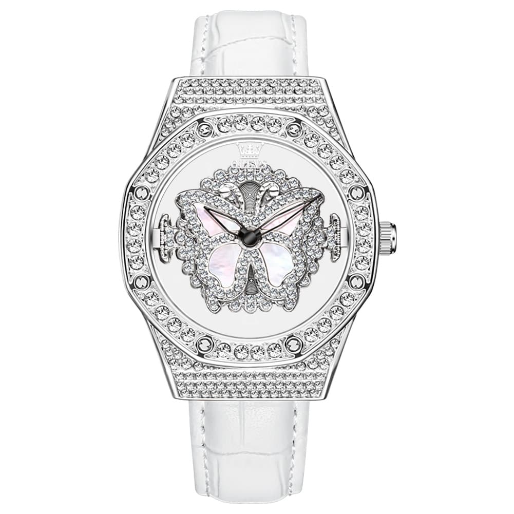 OLEVS 9996 Rotatable Diamond Bezel Leather Watch for Women - Rose Gold Butterfly Watch | Olevs Watch Store