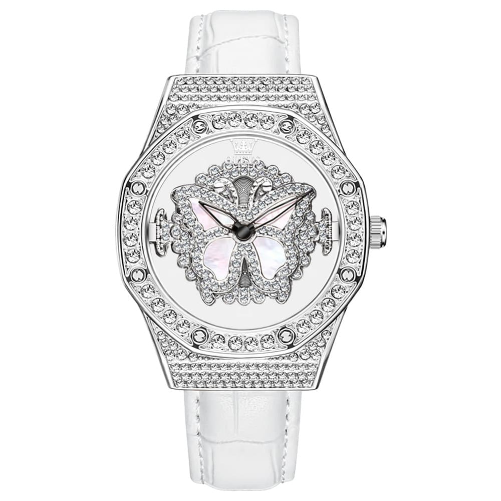 OLEVS 9996 Rotatable Diamond Bezel Leather Watch for Women - Rose Gold Butterfly Watch | Olevs Watch Store