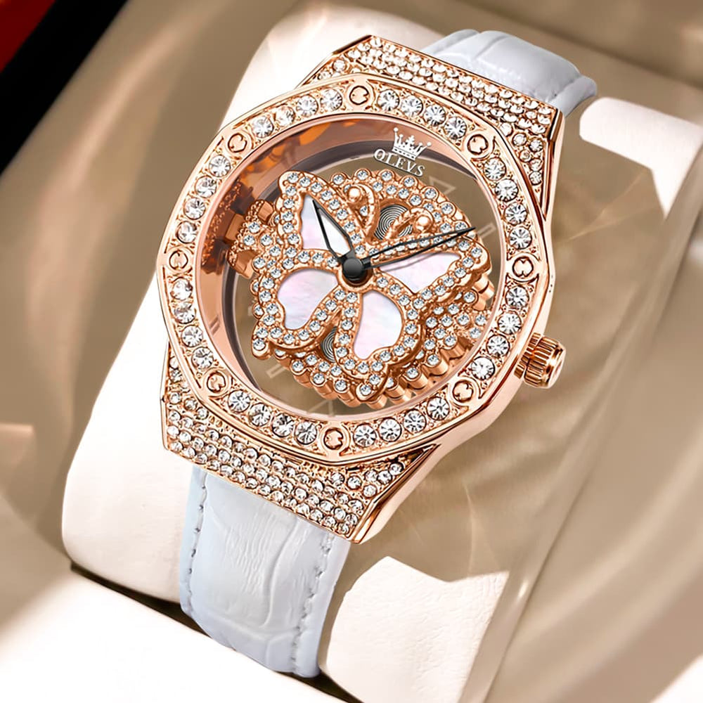 OLEVS 9996 Rotatable Diamond Bezel Leather Watch for Women - Rose Gold Butterfly Watch | Olevs Watch Store