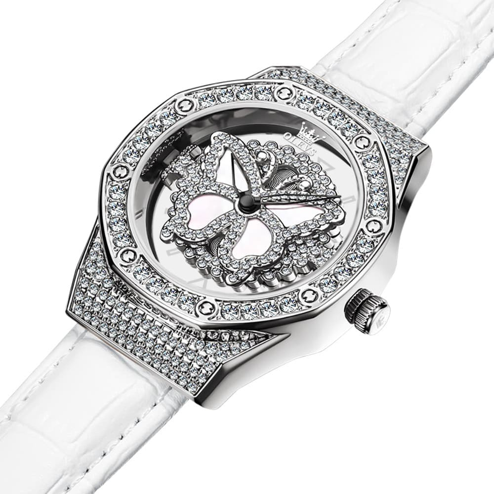 OLEVS 9996 Rotatable Diamond Bezel Leather Watch for Women - Rose Gold Butterfly Watch | Olevs Watch Store