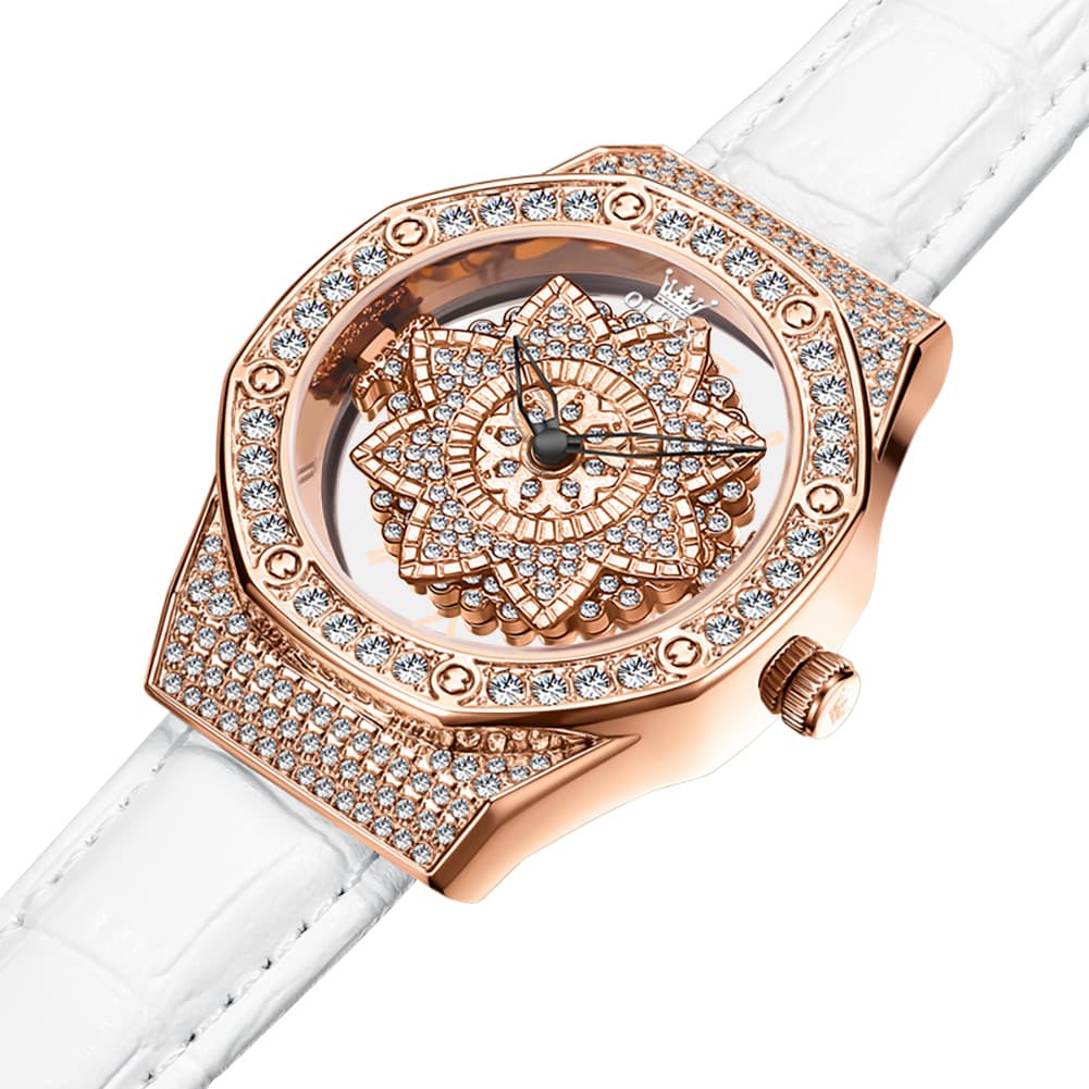 OLEVS 9996 Rotatable Diamond Bezel Leather Watch for Women - Rose Gold Butterfly Watch | Olevs Watch Store