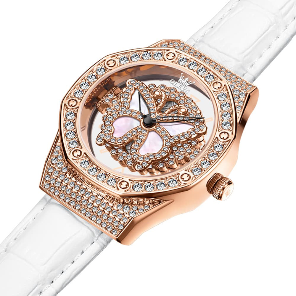 OLEVS 9996 Rotatable Diamond Bezel Leather Watch for Women - Rose Gold Butterfly Watch | Olevs Watch Store
