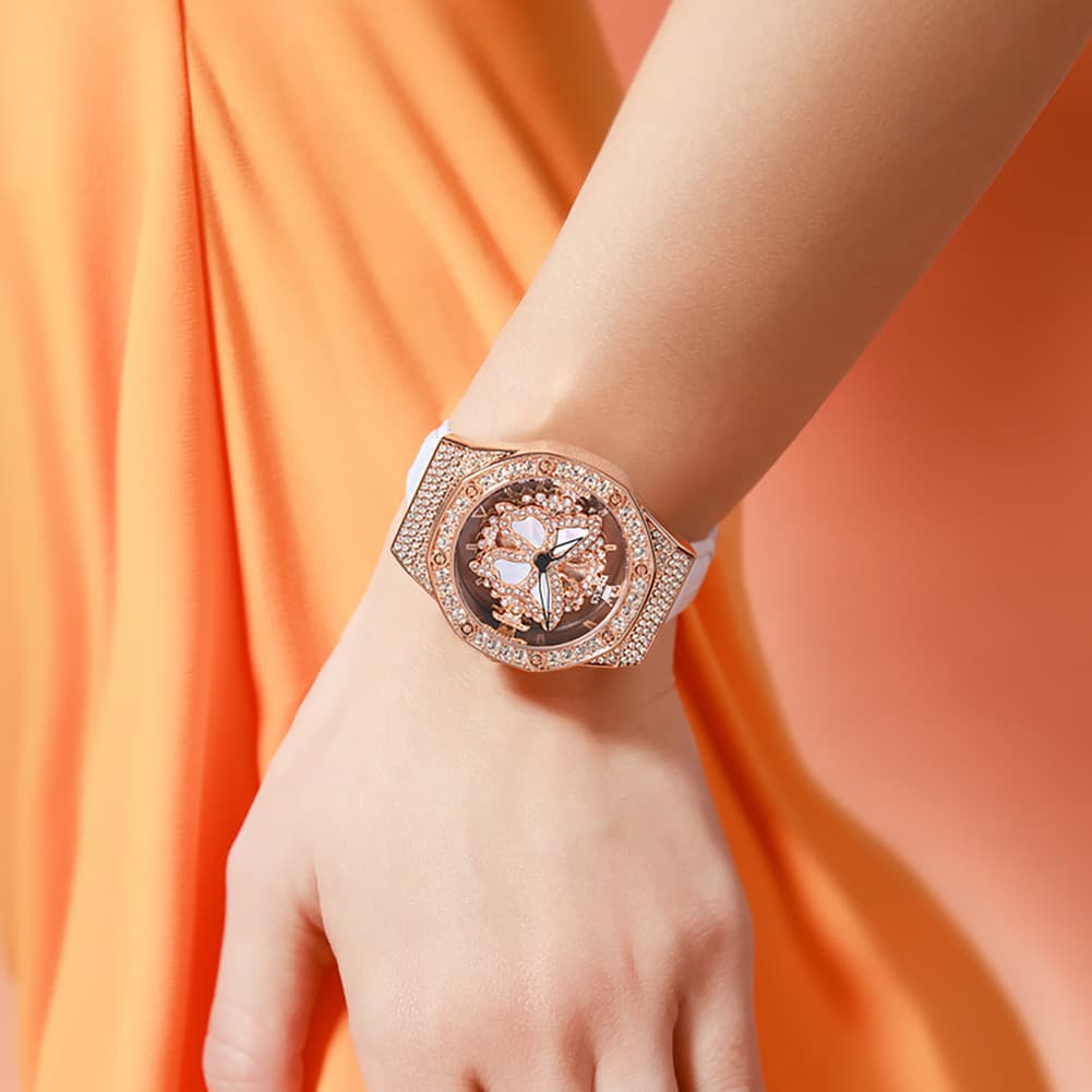 OLEVS 9996 Rotatable Diamond Bezel Leather Watch for Women - Rose Gold Butterfly Watch | Olevs Watch Store