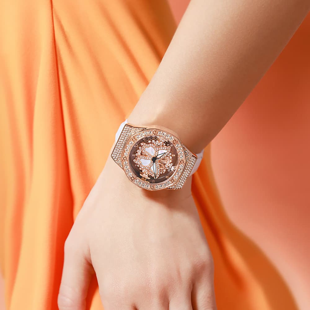 OLEVS 9996 Rotatable Diamond Bezel Leather Watch for Women - Rose Gold Butterfly Watch | Olevs Watch Store