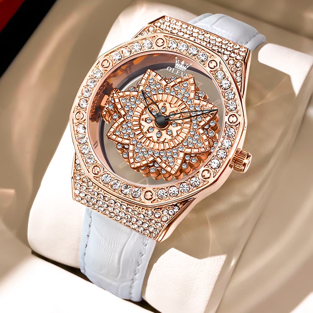 OLEVS 9996 Rotatable Diamond Bezel Leather Watch for Women - Rose Gold Sunflower Watch | Olevs Watch Store