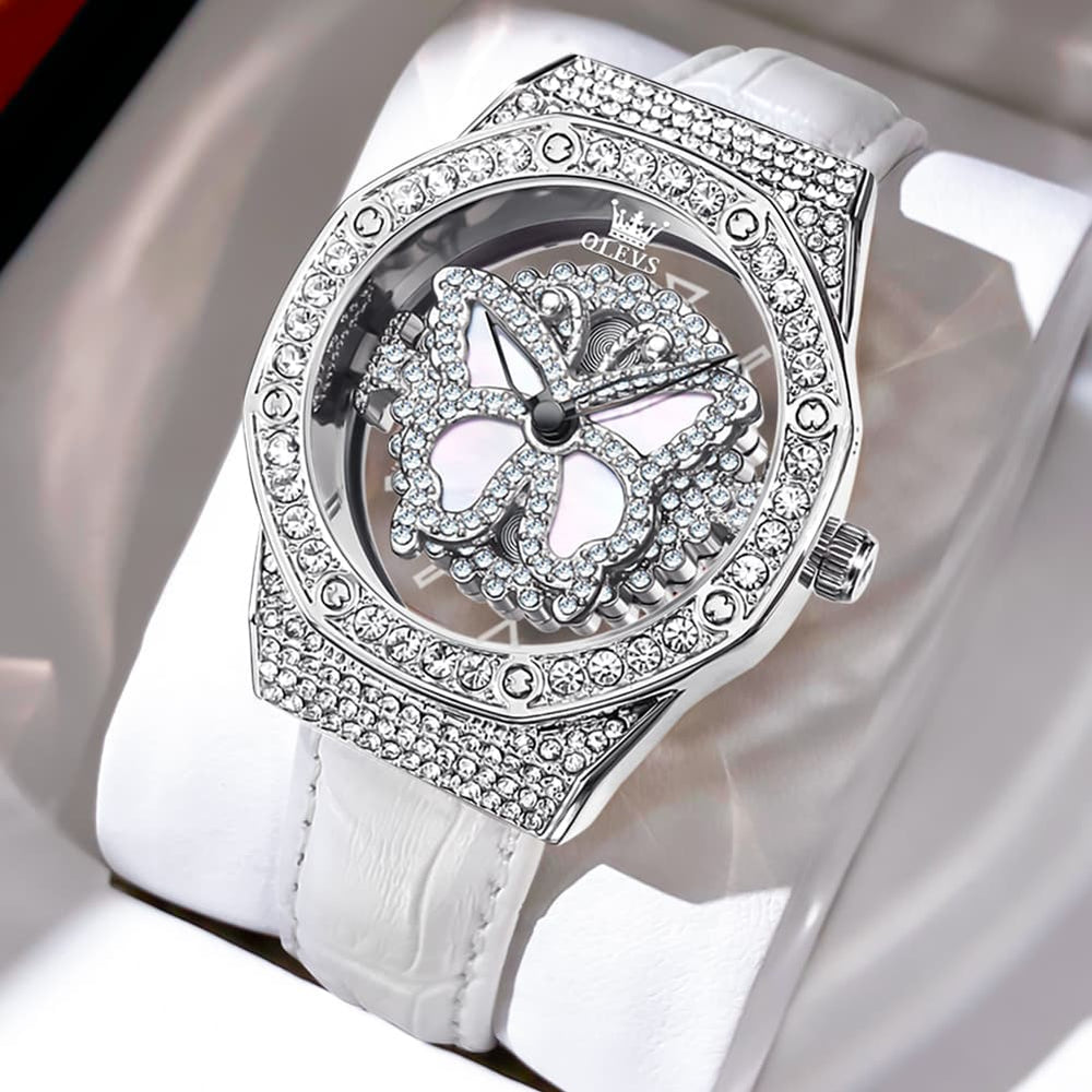 OLEVS 9996 Rotatable Diamond Bezel Leather Watch for Women - Silver Butterfly Watch | Olevs Watch Store