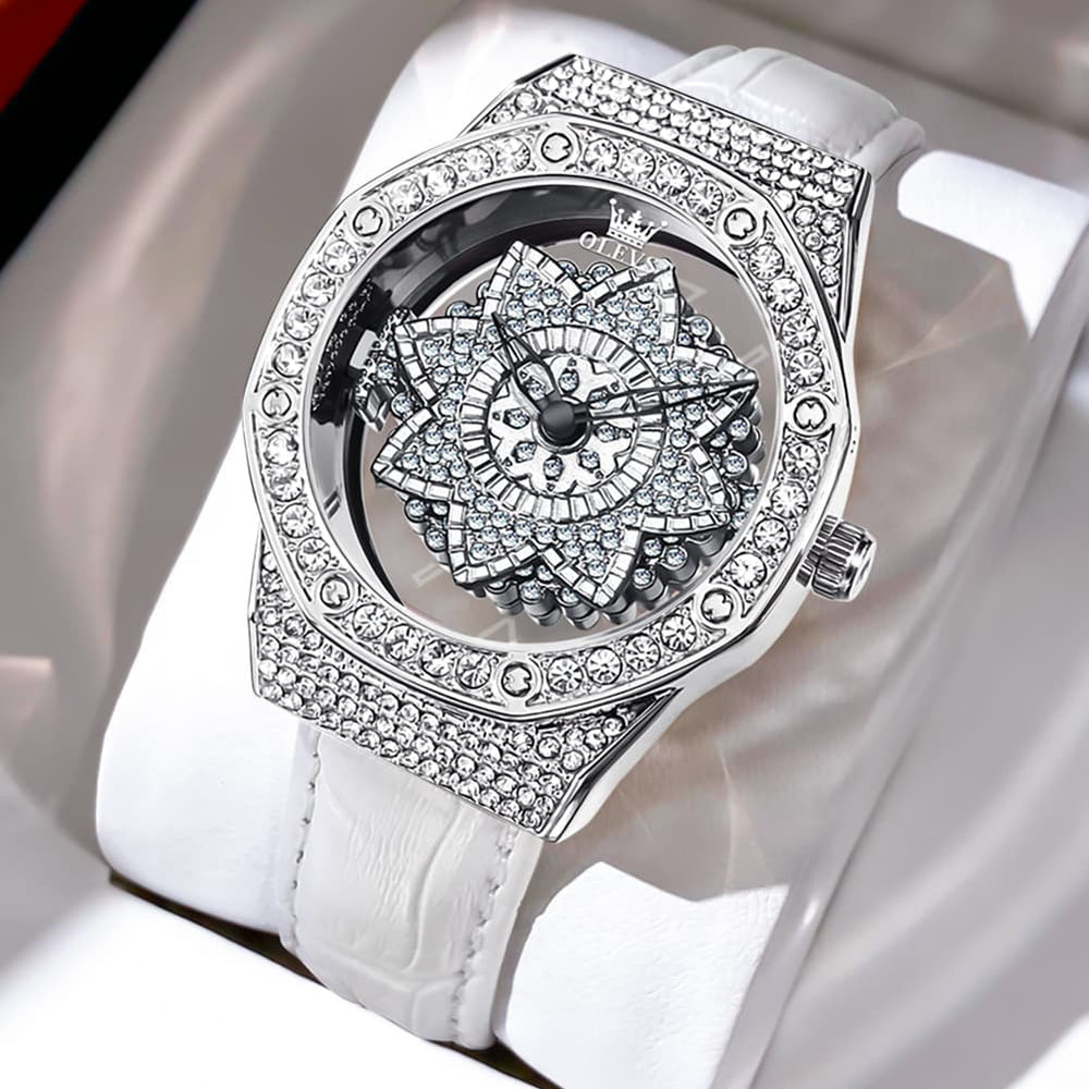 OLEVS 9996 Rotatable Diamond Bezel Leather Watch for Women - Silver Sunflower Watch | Olevs Watch Store