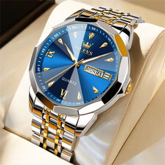 OLEVS 9998 Diamond Cut Glass Couple Dress Watch for Men and Women - Men Gold Blue Watch | Olevs Watch Store