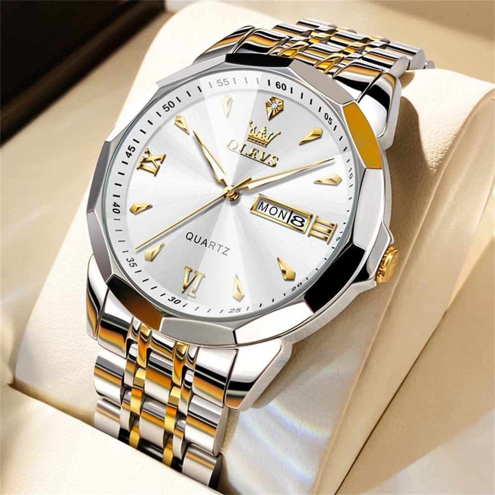 OLEVS 9998 Diamond Cut Glass Couple Dress Watch for Men and Women - Men Gold White Watch | Olevs Watch Store