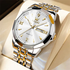 OLEVS 9998 Diamond Cut Glass Couple Dress Watch for Men and Women - Men Gold White Watch | Olevs Watch Store