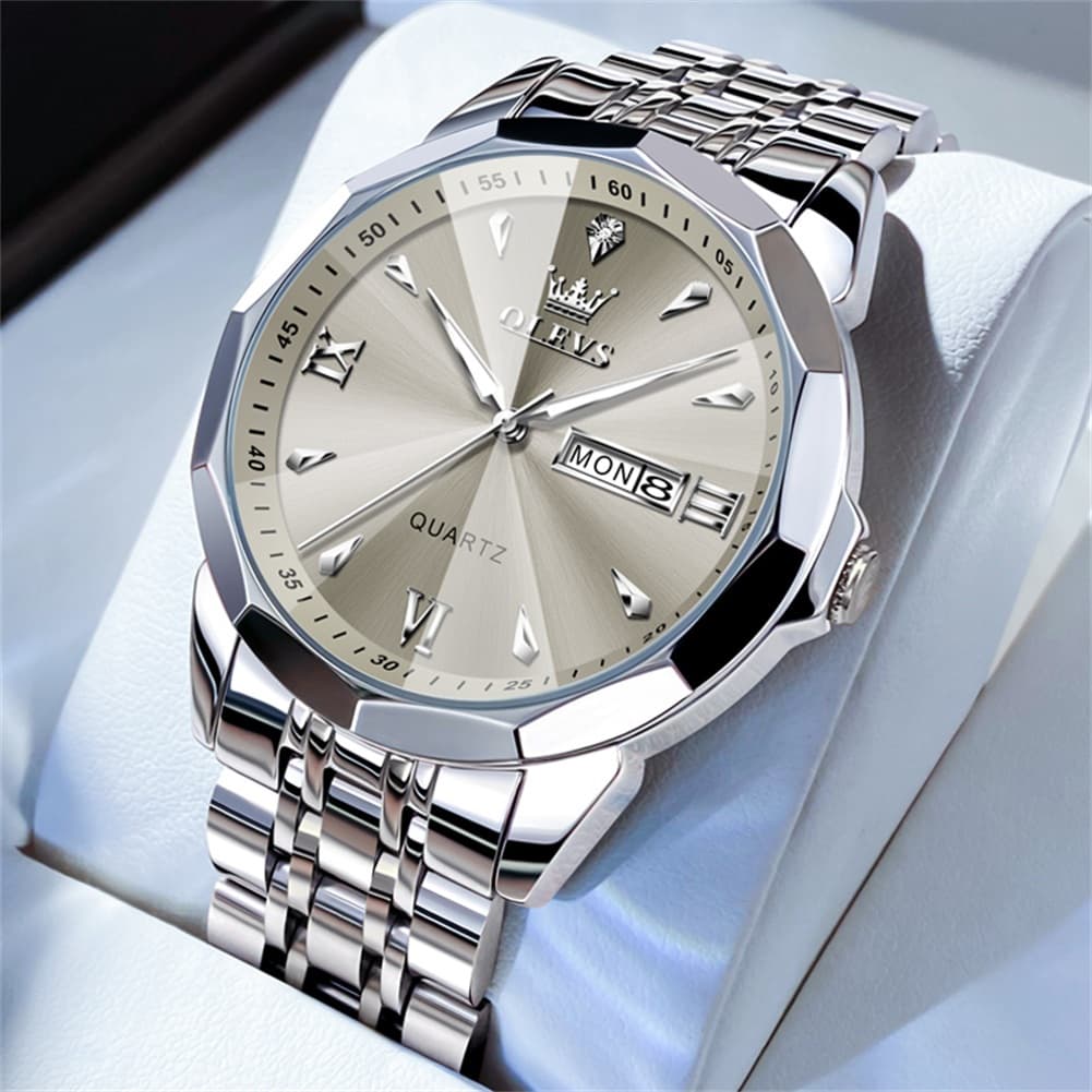OLEVS 9998 Diamond Cut Glass Couple Dress Watch for Men and Women - Men Silver Grey Watch | Olevs Watch Store