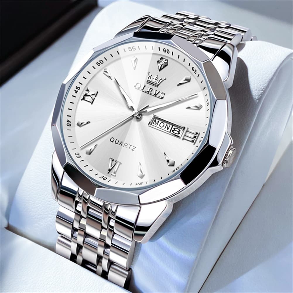 OLEVS 9998 Diamond Cut Glass Couple Dress Watch for Men and Women - Men Silver White Watch | Olevs Watch Store